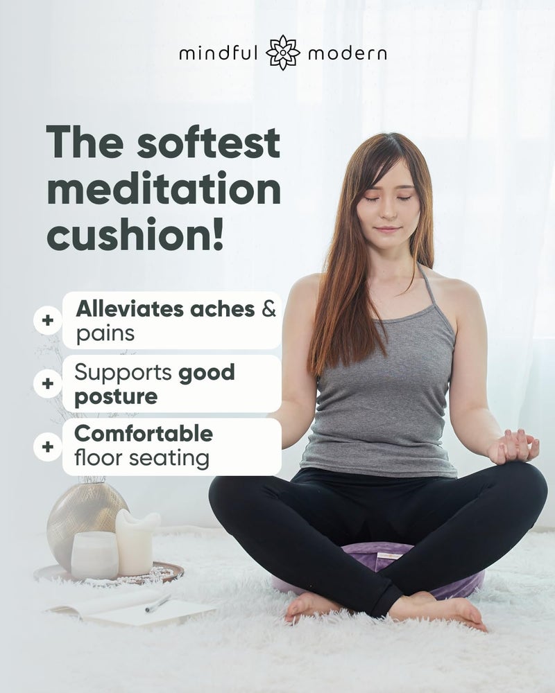 Mindful Modern وسادة تأمل من المخمل العصرية والواعية | وسادة زافو فاخرة لليوغا | دعم الوضعية | مملوءة بقشور الحنطة السوداء | وسادة دائرية كبيرة | غطاء قابل للإزالة والغسل + مقبض حمل | لون بنفسجي - Image 2
